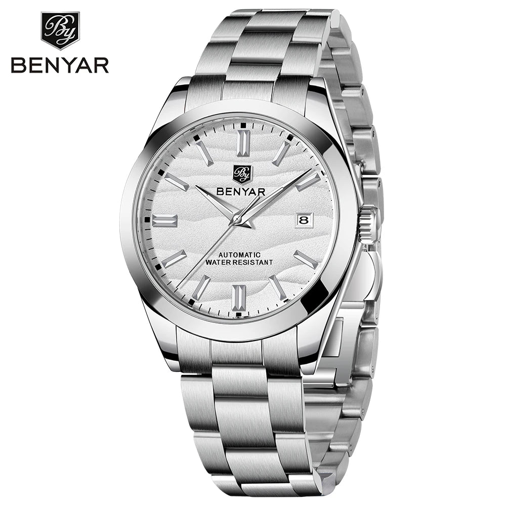 BENYAR luxury brand 40MM sand grain dial men's watch, stainless steel 50 meter waterproof automatic mechanical watch