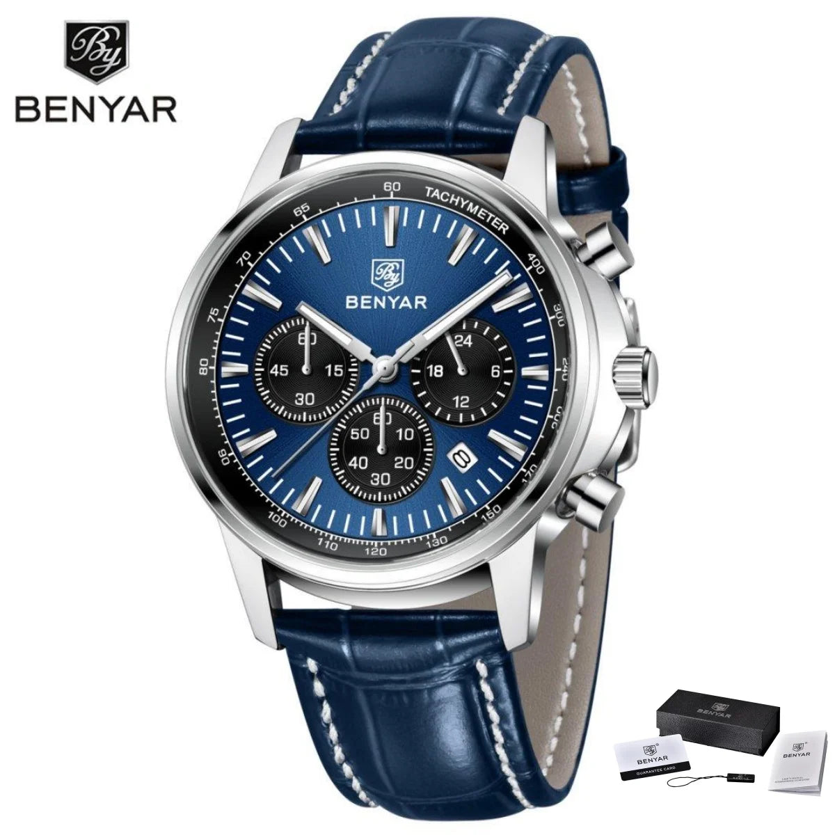 Relógio de luxo para homem Benyar – Cronógrafo com data, bracelete em pele, estanque, luminescente, estilo desportivo e militar, relógio de quartzo