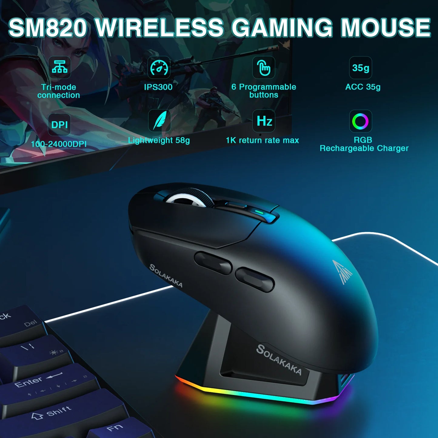Bezdrátová herní myš SOLAKAKA SM820 Tri-mode s magnetickou dobíjecí stanicí, RGB, PAW3311, 24000DPI, bezdrátová makro myš, ultralehká