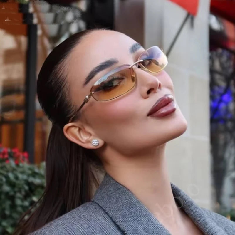 Gradient Oval Frameless Women's Sunglasses High Quality Luxury Brand Y2k Rimless Glasses Women High-end Punk Popular Shades UV