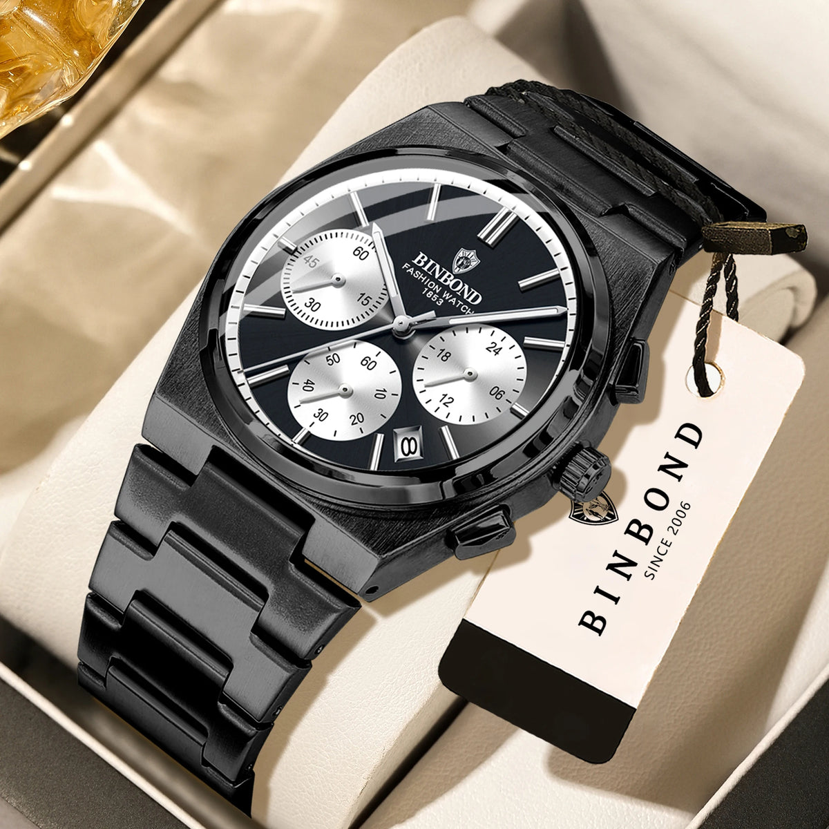 BINBOND relógio de quartzo preciso para homem, robusto, com data automática, cronógrafo, luminiscente, à prova de água, relógio de luxo para homem, estilo casual Reloj