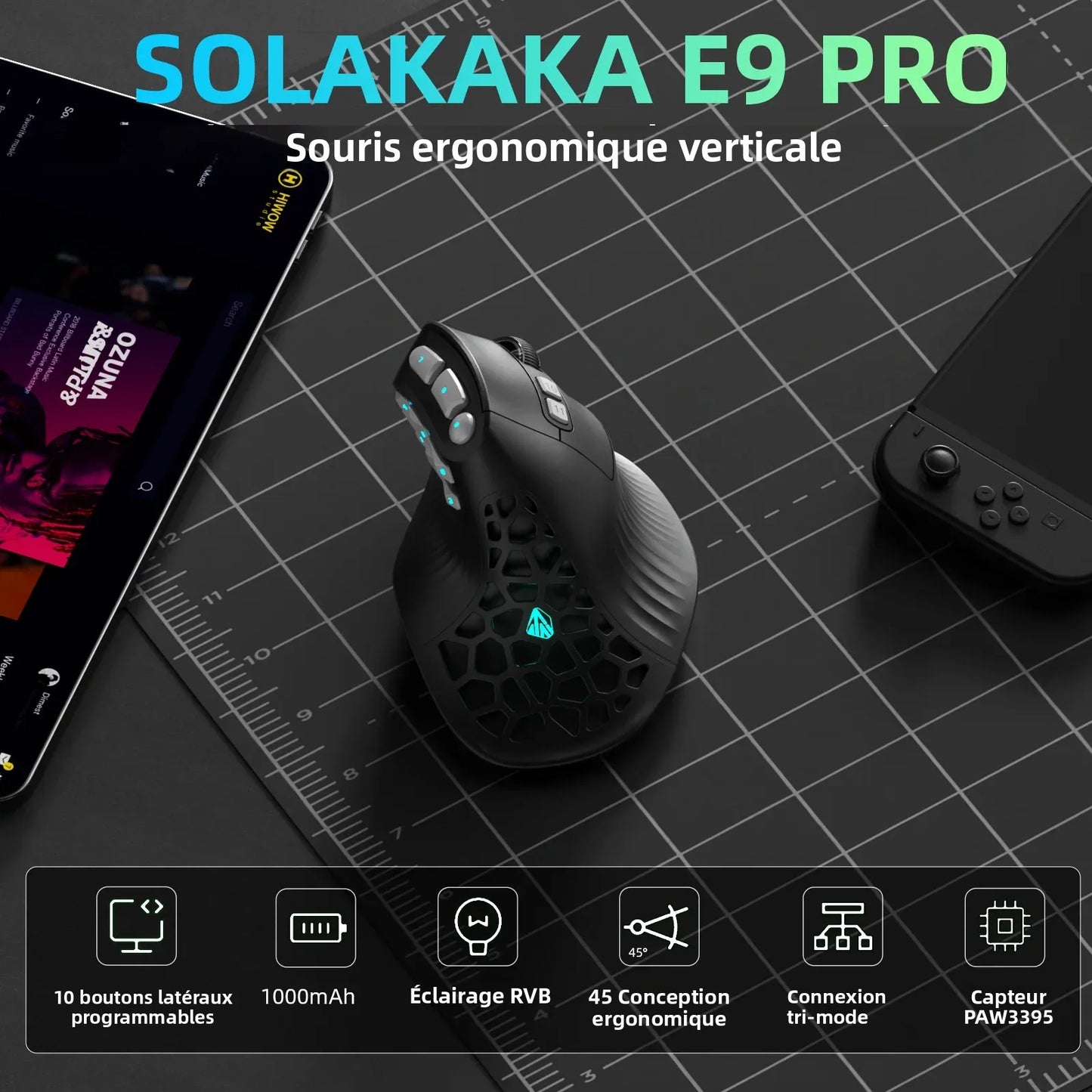 SOLAKAKA E9 Pro MMO verticale muis PAW3395-sensor 1000mAh batterij 45° verticale grip ergonomische muis 8k gamingmuis