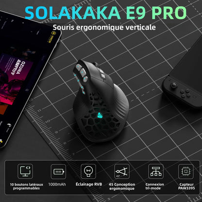 SOLAKAKA E9 Pro MMO verticale muis PAW3395-sensor 1000mAh batterij 45° verticale grip ergonomische muis 8k gamingmuis