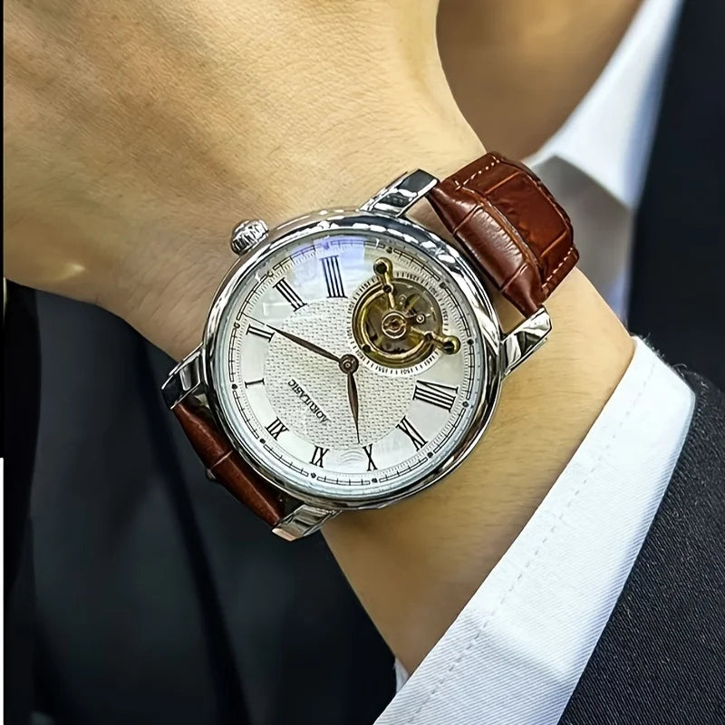 Men’s automatic mechanical watch – Elegant skeletonised design, trendy ‘business casual’ style, alloy case and leather strap, battery-free