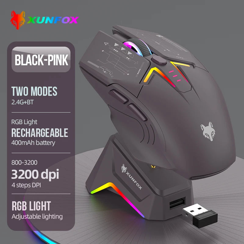 XUNSVFOX H2 trådløs Bluetooth-mus med dual-mode, RGB-lyseffekt, til laptop, gaming og kontor, med magnetisk opladning