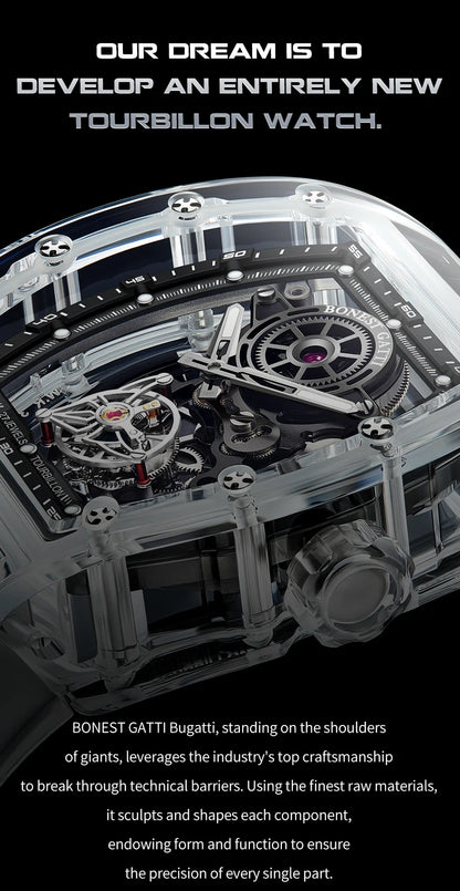 BONEST GATTI Automatic Movement Tourbillon Mechanical Wristwatch Crystal Case Luminous Watch Fluororubber Strap Watches for Men