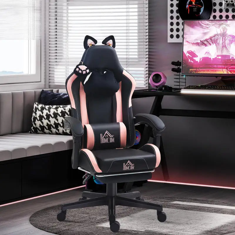 Cat Ear Gaming Chair 135° Reclining Height Adjustable Swivel Chair with Footrest PU Leather Lumbar Support Gaming Chair