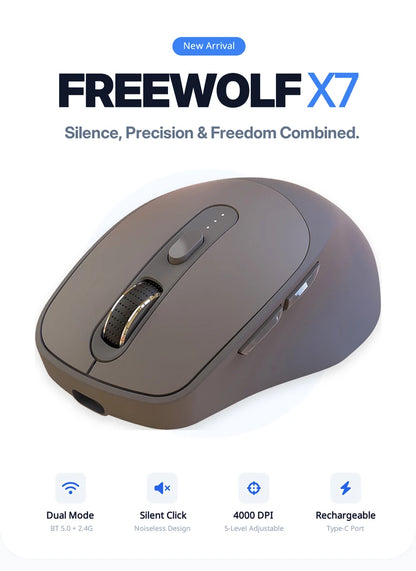 Bezdrôtová myš FREEWOLF X7 Bluetooth 2.4G, dvojrežimová, tichá, nabíjateľná, 4000DPI, indikátor batérie, ergonomická, pre PC, Mac a notebooky