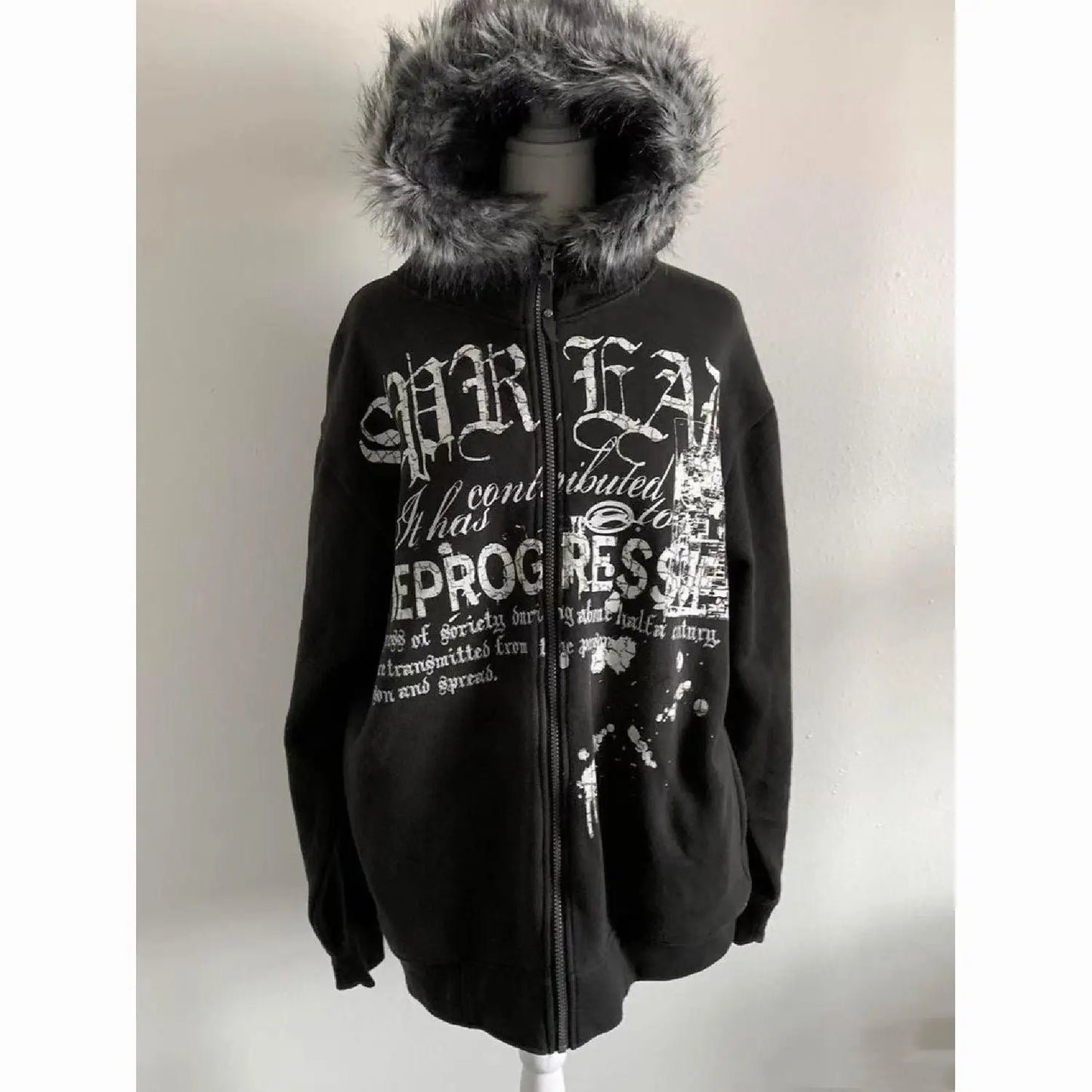 American Vintage Black Faux Fur Sweatshirts Women Letter Printed Subculture Coats with Hooded Female Gothic Harajuku Jackets Y2k