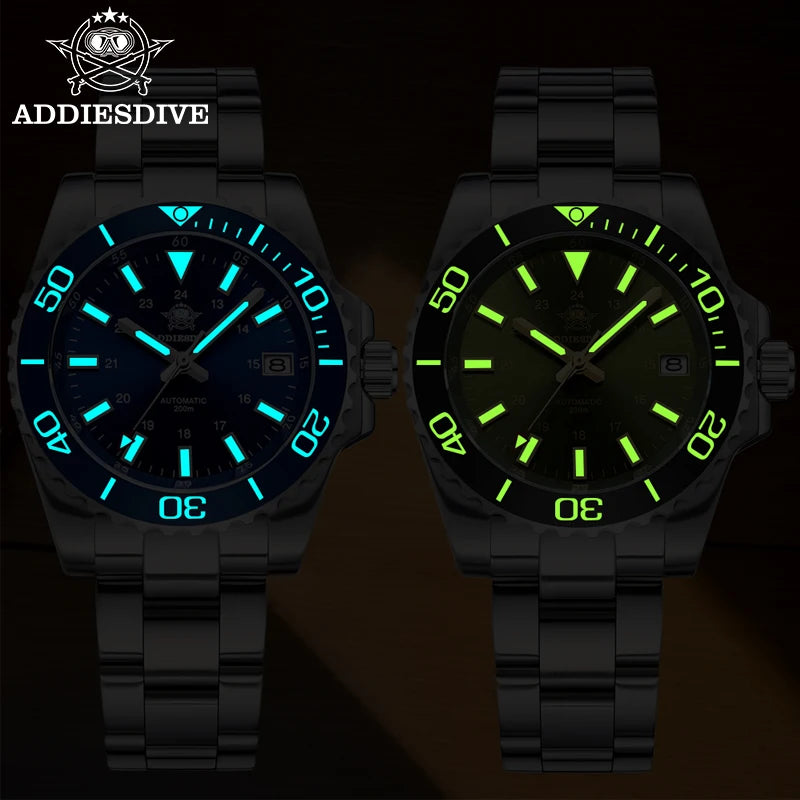 ADDIESDIVE Men's Diver's Watch 200m Sapphire Luminous Ceramic Bezel Men's Analog Mechanical Watch Stainless Steel Diving Watches