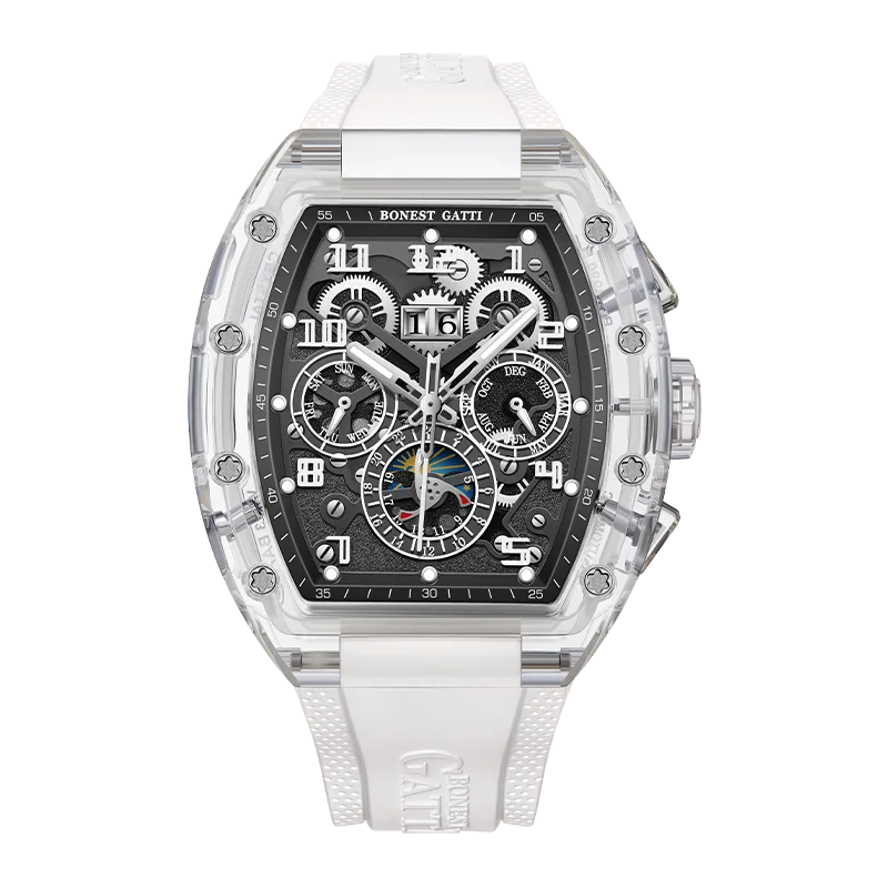 BONEST GATTI Automatic Watch Tonneau Mechanical Wristwatch K9 Crystal Case Rubber Strap Multi Dial Watches For Men