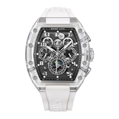 BONEST GATTI Automatic Watch Tonneau Mechanical Wristwatch K9 Crystal Case Rubber Strap Multi Dial Watches For Men