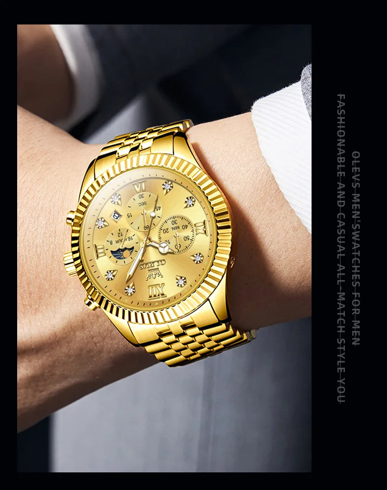 OLEVS 2932 High end Men's Watch Classic Lunar Phase Waterproof Stainless Steel Chronograph Watch Luxury Brand Quartz Men's Watch