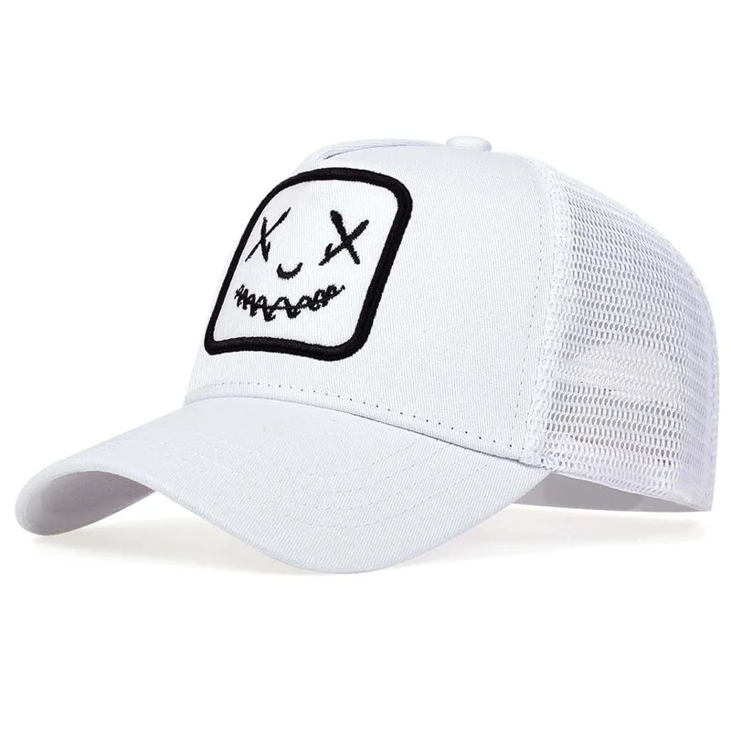 Uomo Donna Cappellini da baseball con ricamo a forma di faccina sorridente in cotone, regolabili con chiusura a scatto, cappellini Hip Hop in rete, cappellini estivi da esterno, cappellini da sole, cappellini da papà