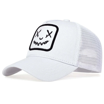 Uomo Donna Cappellini da baseball con ricamo a forma di faccina sorridente in cotone, regolabili con chiusura a scatto, cappellini Hip Hop in rete, cappellini estivi da esterno, cappellini da sole, cappellini da papà