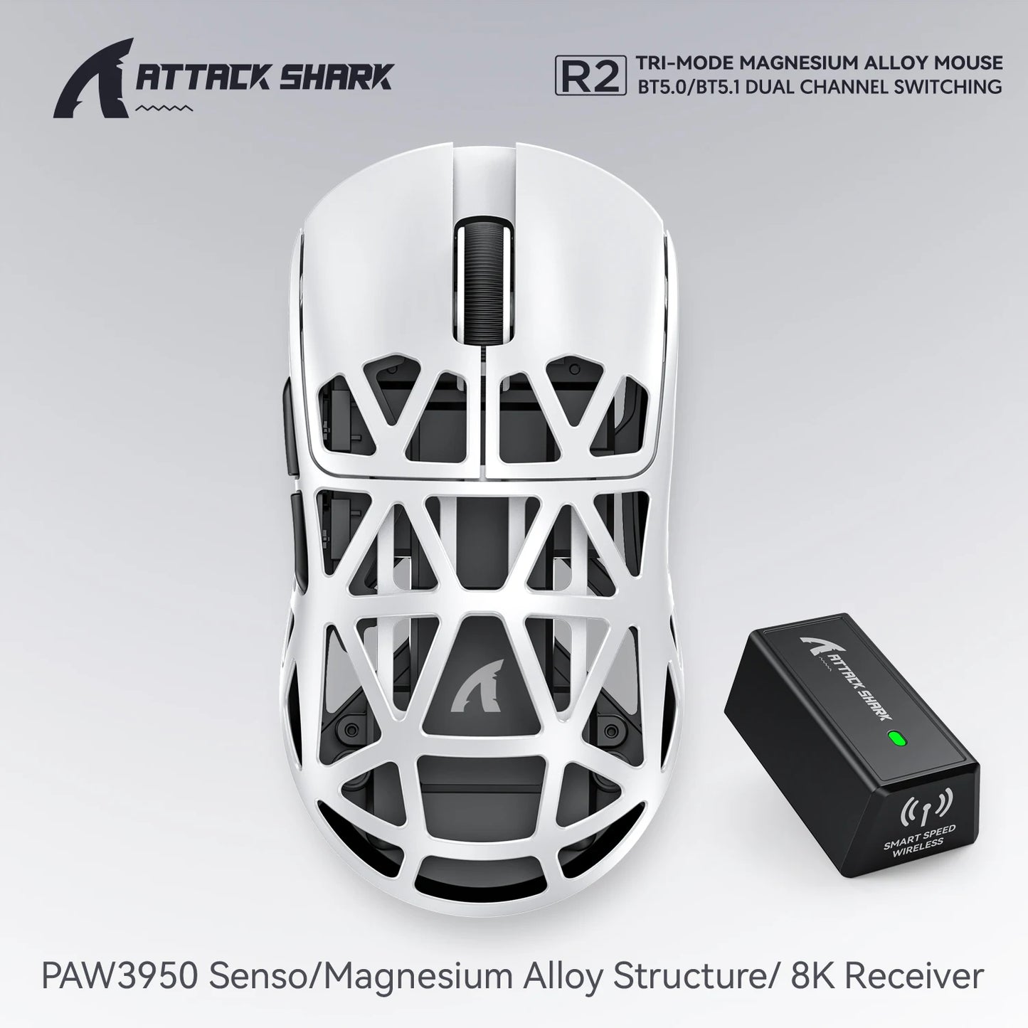 Attack Shark R2 vezeték nélküli gamer egér PAW3950 8K, könnyű magnéziumötvözet gamer egér, Bluetooth tri-mode kapcsolattal játékhoz/irodai használatra