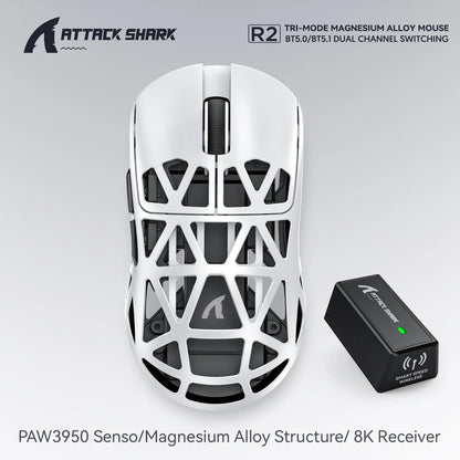 Attack Shark R2 vezeték nélküli gamer egér PAW3950 8K, könnyű magnéziumötvözet gamer egér, Bluetooth tri-mode kapcsolattal játékhoz/irodai használatra
