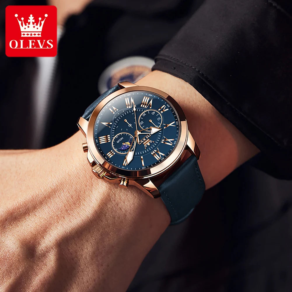 OLEVS 3632 Men Watch Elegant Luxury Sport Quartz Watch Scale Waterproof Luminous Automatic Date Moon Belt Watch Gifts Original