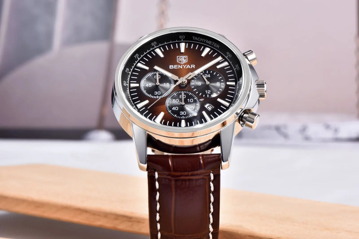 Relógio de luxo para homem Benyar – Cronógrafo com data, bracelete em pele, estanque, luminescente, estilo desportivo e militar, relógio de quartzo