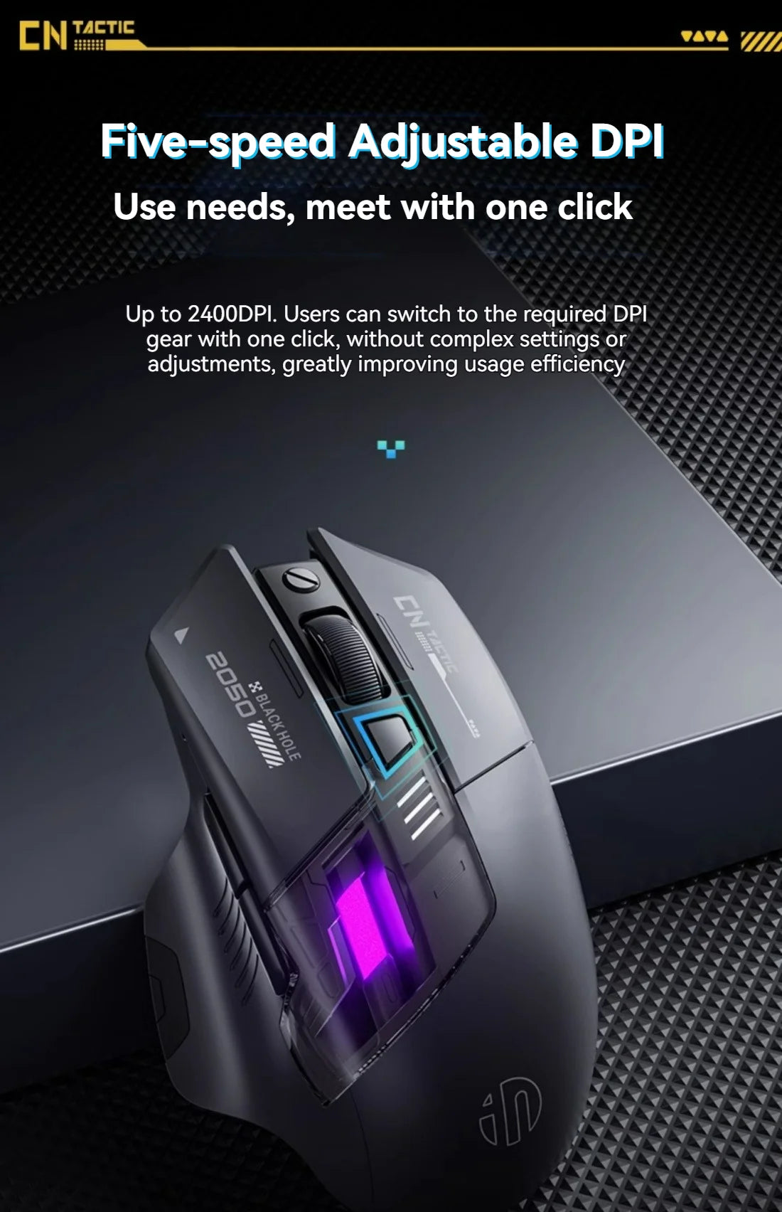 Inphic A9 Pro gamingmus med tre tilstande, farverig lysguide, strømindikator, justerbar DPI, makrodriver, ergonomisk, 12800DPI