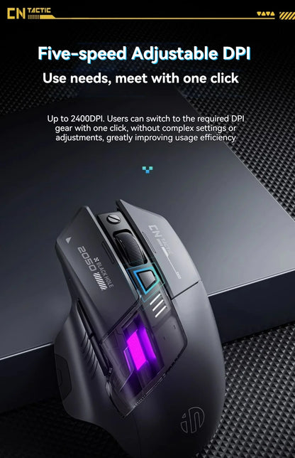 Inphic A9 Pro gamingmus med tre tilstande, farverig lysguide, strømindikator, justerbar DPI, makrodriver, ergonomisk, 12800DPI