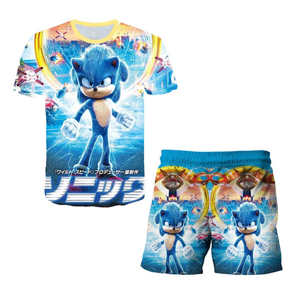 2026 Sonic The Hedgehog 3D T-shirt Set for Boys and Girls: Cute Summer Top + Shorts - Children's Short-Sleeve Birthday Gift