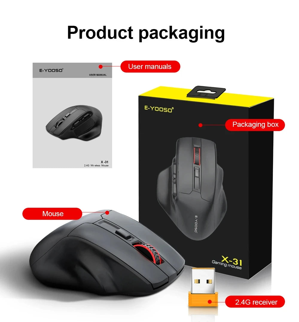 E-YOOSO 2.4G bezdrátová myš PAW3212 4800 DPI ergonomická myš herní myš kancelářská myš pro notebook PC, laptop a MacBook