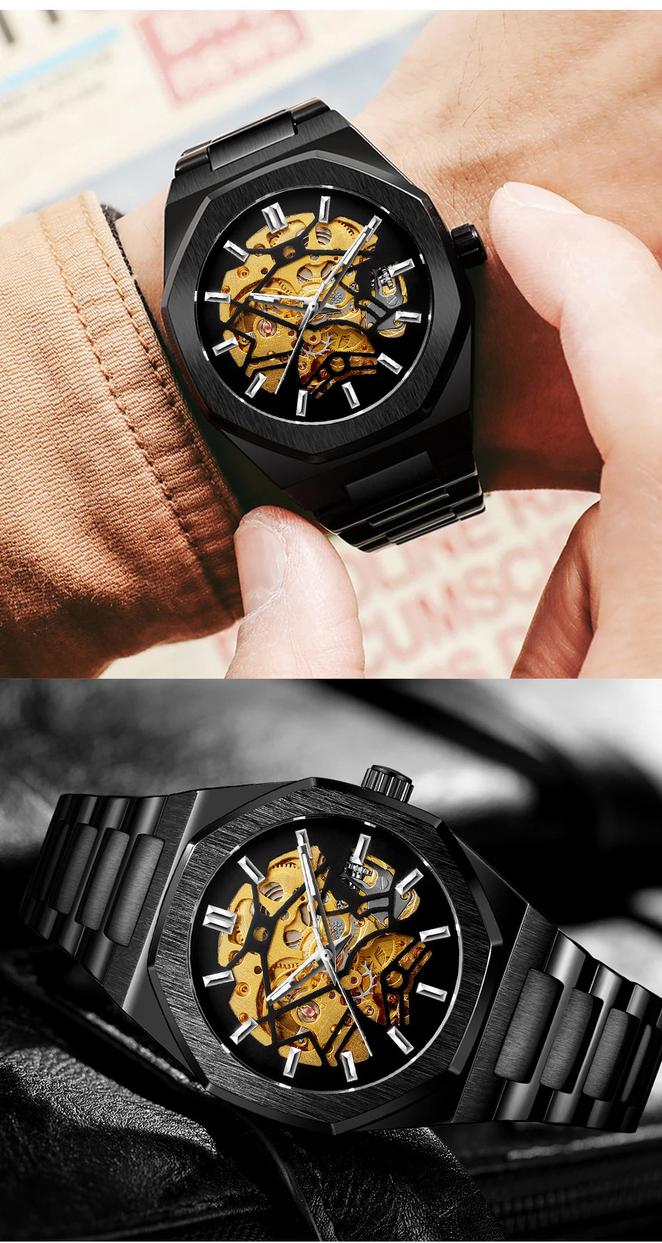 FORSINING 344D Top Brand Luxury Skeleton Automatic Mechanical Men's Watch Hollow Design Luminous Stainless Steel Strap Clock Men