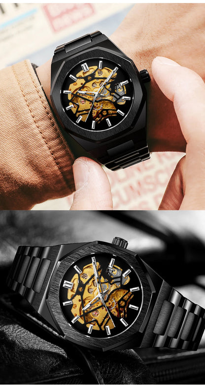 FORSINING 344D Top Brand Luxury Skeleton Automatic Mechanical Men's Watch Hollow Design Luminous Stainless Steel Strap Clock Men