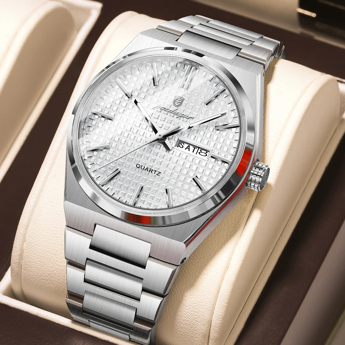 Montre-bracelet de luxe pour homme POEDAGAR, étanche, lumineuse, en acier inoxydable, avec date et jour de la semaine, à quartz, style business.