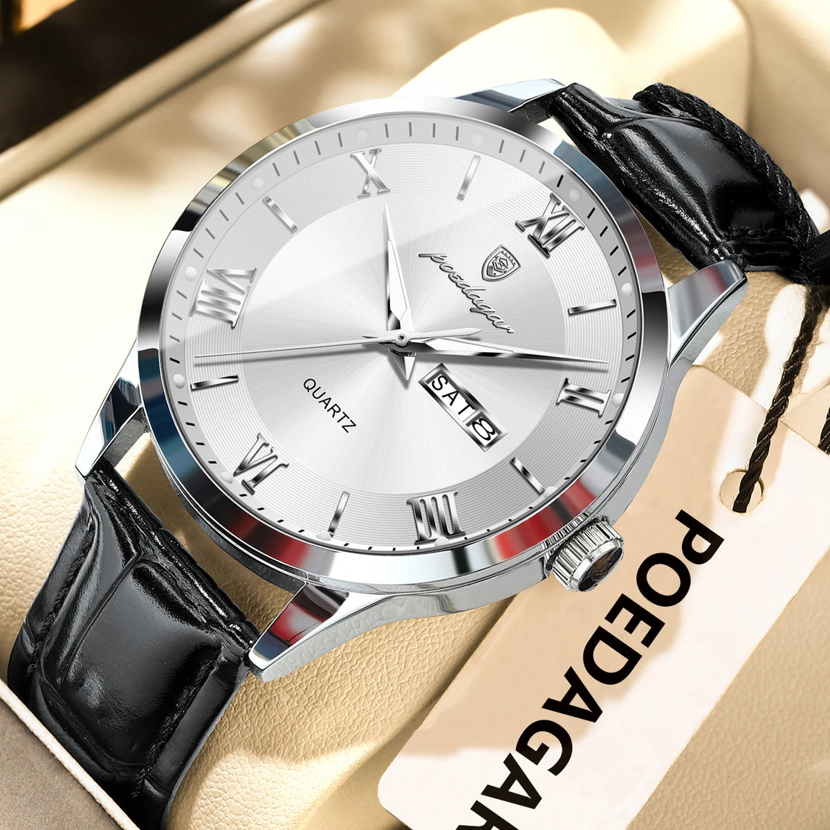 Trendy POEDAGAR men’s watch, leather strap, date and day display, luxury quartz watch, water-resistant, luminous, casual business style.