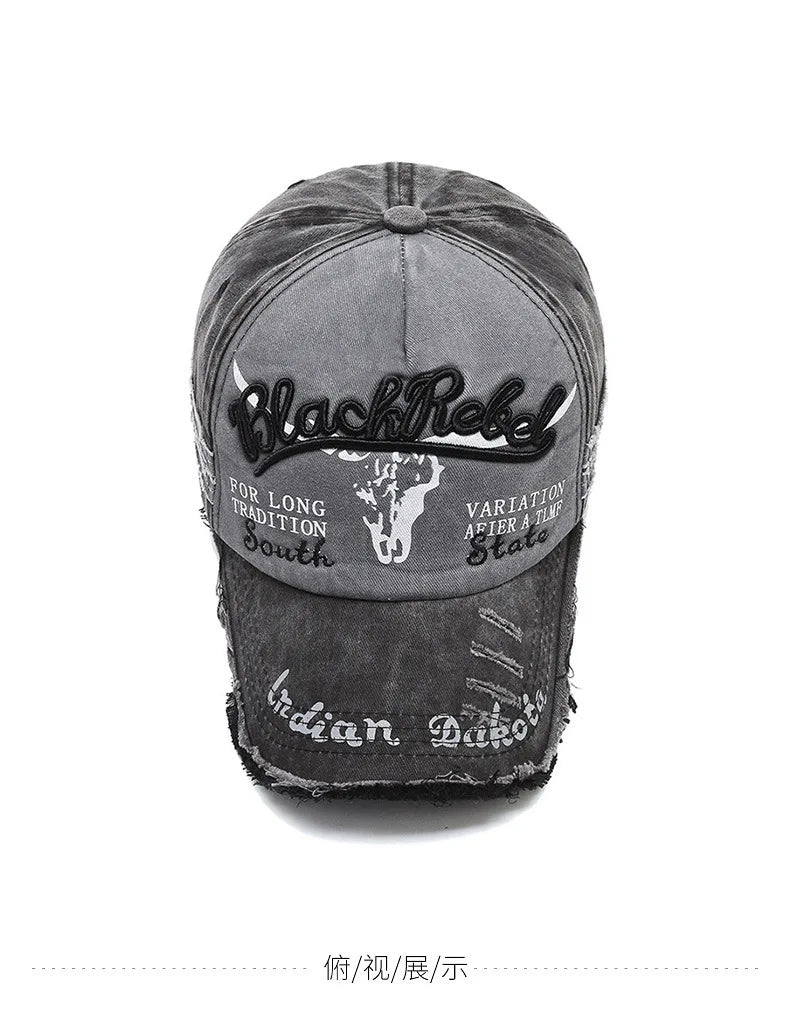 Vintage Embroidery Letter Bull Washed Baseball Cap, Retro Sun Hat for Men Women, Casual Hip Hop Peak Cap