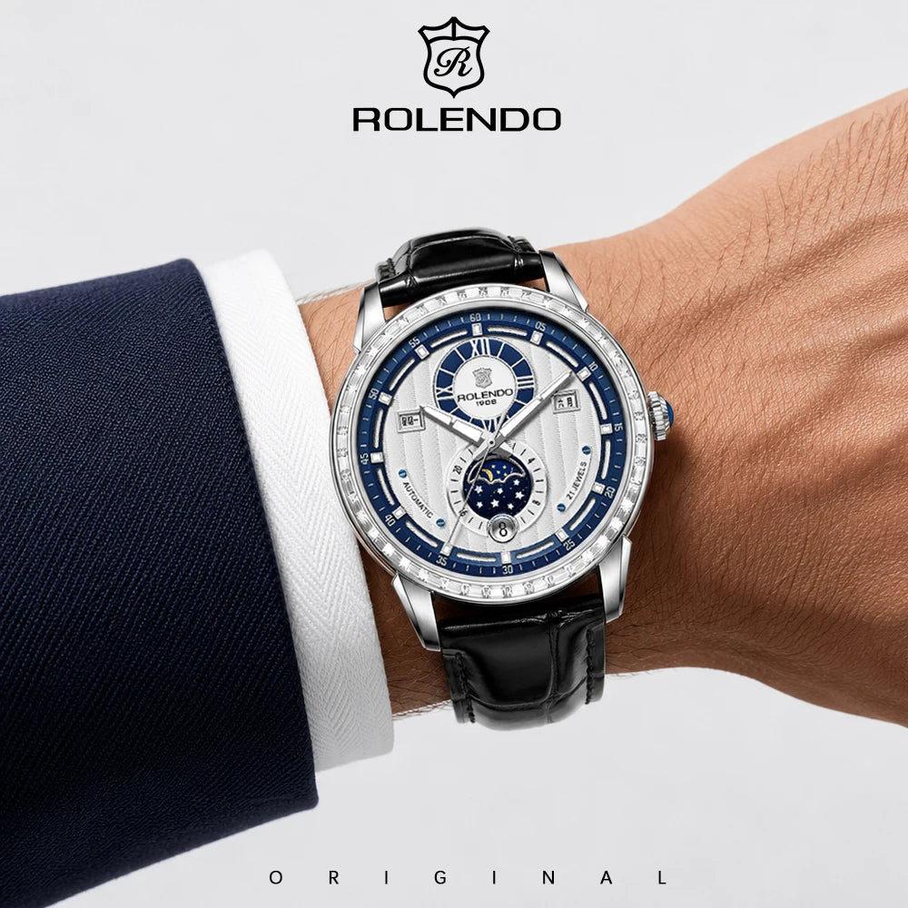 ROLENDO 1908 Men Automatic Mechanical Watch Diamond Luminous Leather Strap Waterproof Business Luxury Wristwatch For Male Gift