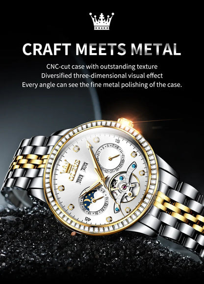 OLEVS 7016 Automatic Man Watch Stainless Steel Diamond Bezel Skeleton Flywheel Moon Phase Luminous Waterproof Mechanical Watches
