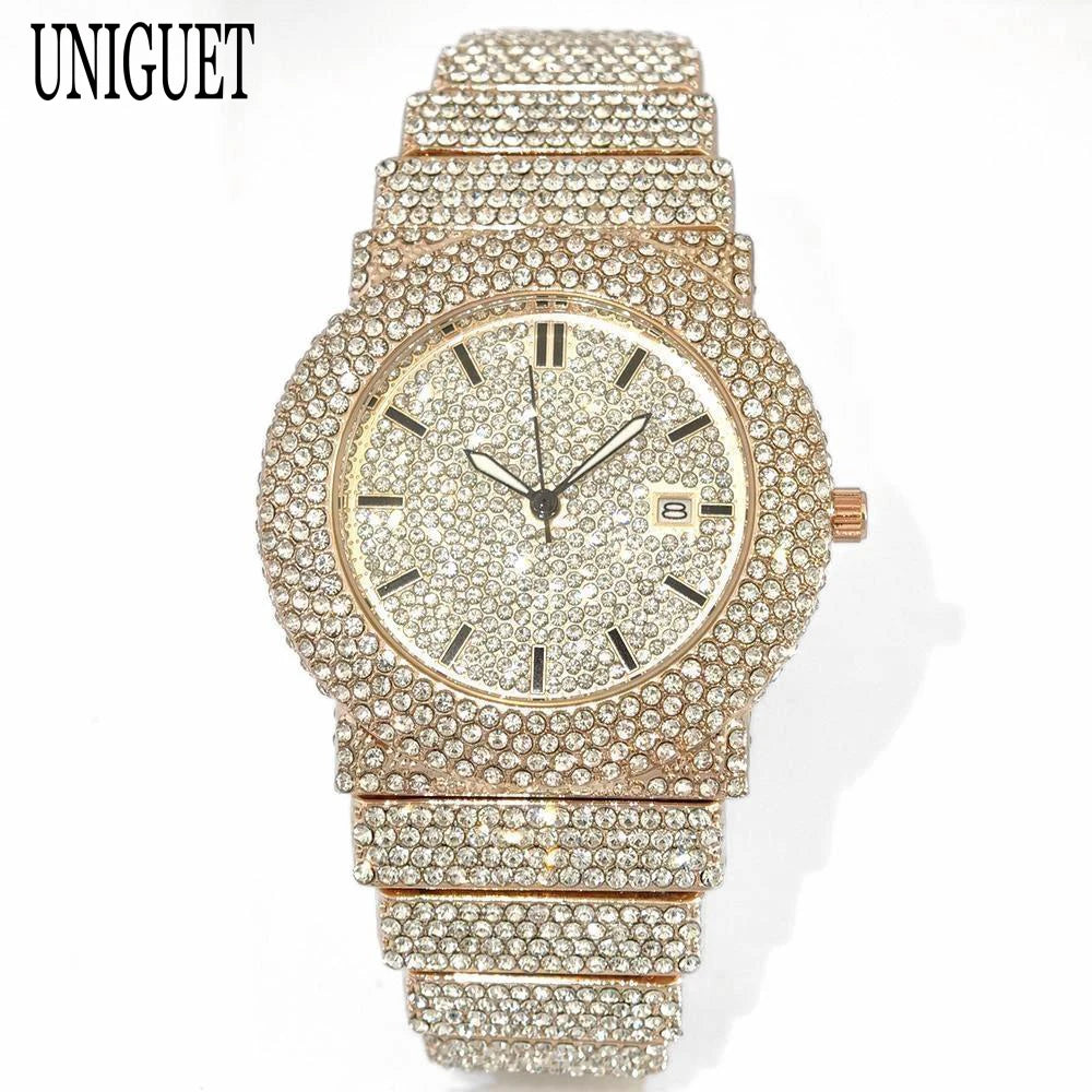 2025 UNIGUET Men's Fashion Iced Watches Luxury Hip Hop Full Diamond Jewelry Quartz Waterproof Business Wrist Watch for Men New