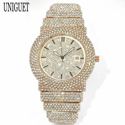2025 UNIGUET Men's Fashion Iced Watches Luxury Hip Hop Full Diamond Jewelry Quartz Waterproof Business Wrist Watch for Men New