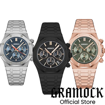 Gramock VK63 Fashionable Men's Quartz Chronograph Luxury Sapphire Stainless Steel Rose Gold Index Dial Waterproof 5Bar Luminous