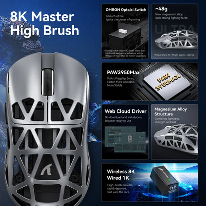 Attack Shark R2 vezeték nélküli gamer egér PAW3950 8K, könnyű magnéziumötvözet gamer egér, Bluetooth tri-mode kapcsolattal játékhoz/irodai használatra