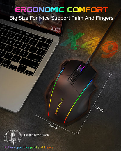 Drátová herní myš E-YOOSO X49, nastavitelných 12400 DPI, RGB podsvícení, 8 programovatelných tlačítek, ergonomická myš pro hráče na PC a notebook