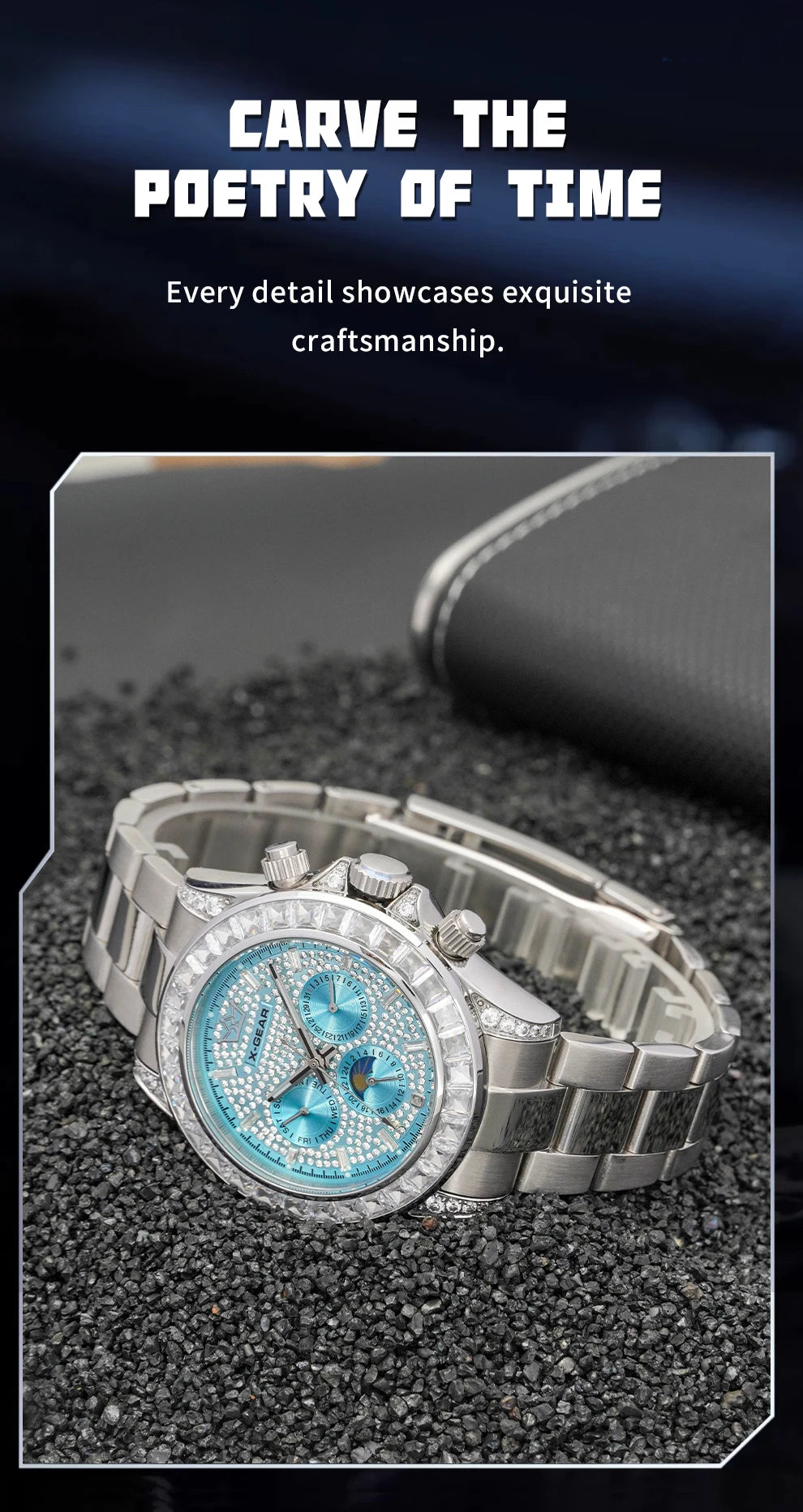 X-GEAR Men's Watch Automatic Mechanical with Diamond Dial Luminous Moon Phase Water-Resistant