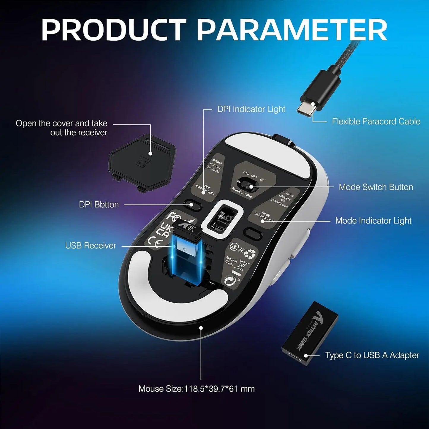 Mysz gamingowa Attack Shark X3Pro Wireless Bluetooth PixArt PAW3395 26000dpi, optyczna mysz z połączeniem Tri-Mode i makrami
