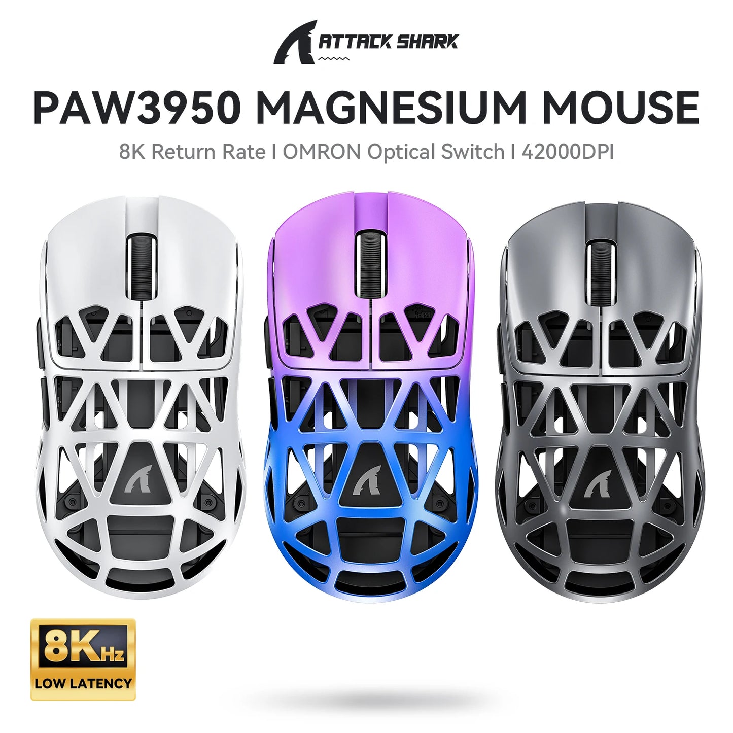 Attack Shark R2 vezeték nélküli gamer egér PAW3950 8K, könnyű magnéziumötvözet gamer egér, Bluetooth tri-mode kapcsolattal játékhoz/irodai használatra