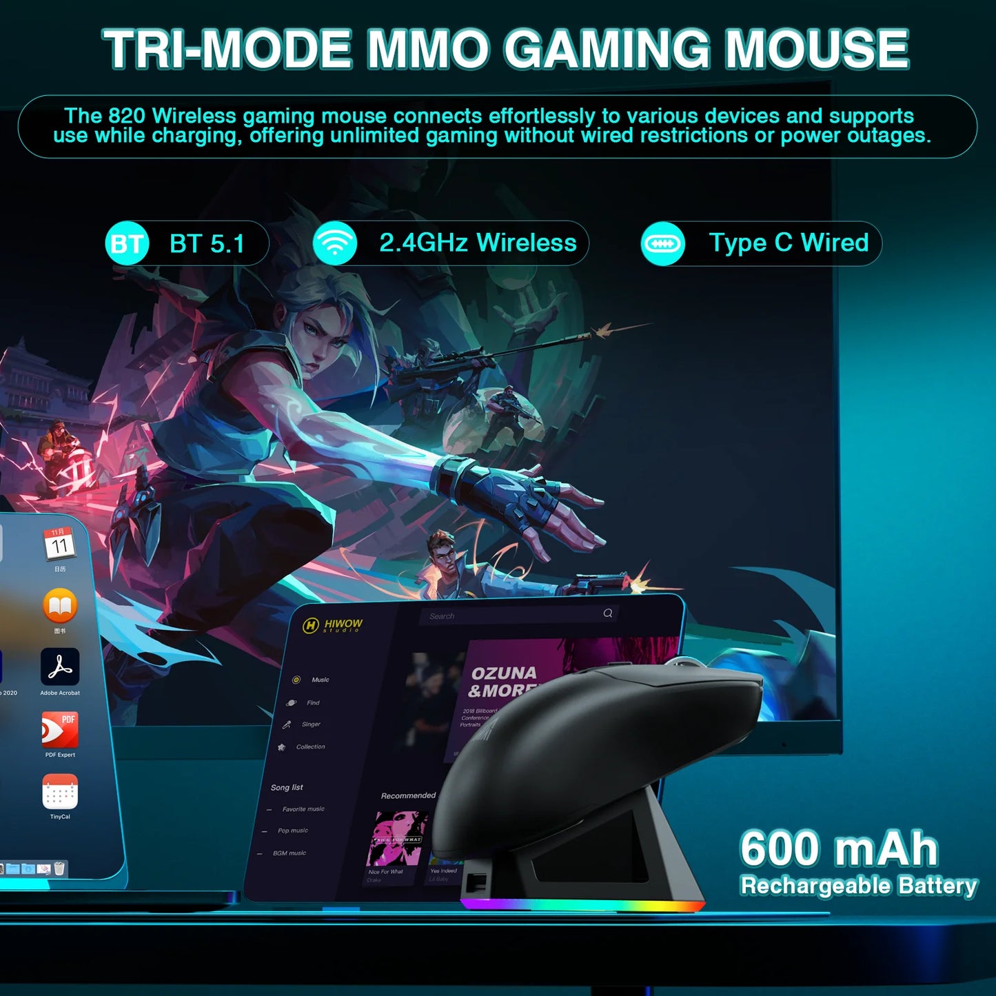 Bezdrátová herní myš SOLAKAKA SM820 Tri-mode s magnetickou dobíjecí stanicí, RGB, PAW3311, 24000DPI, bezdrátová makro myš, ultralehká