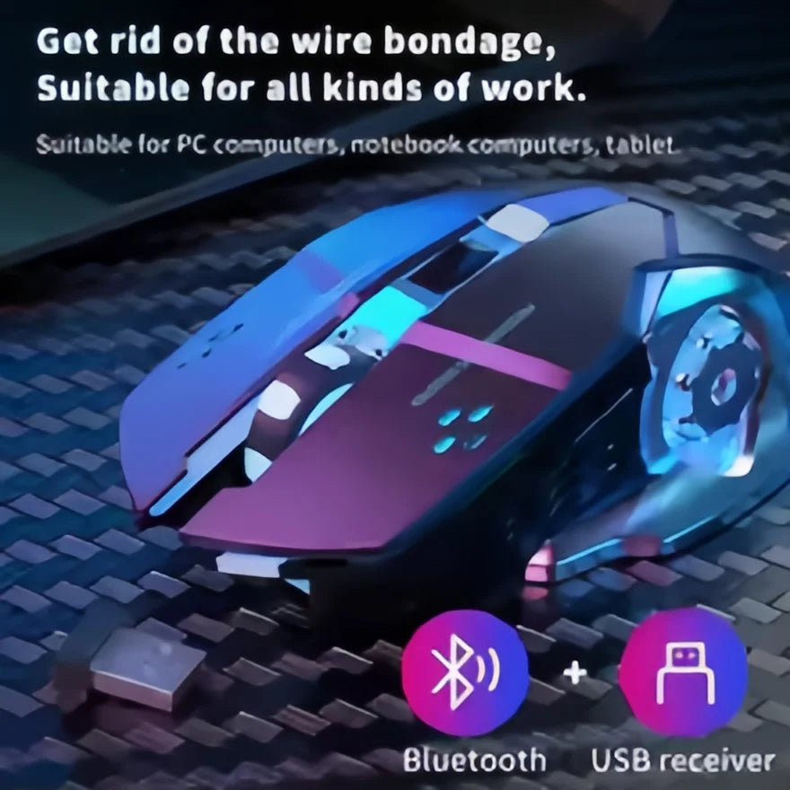 Bezprzewodowa mysz gamingowa z akumulatorem – cicha Bluetooth/USB, podświetlenie RGB, e-sportowa do PC