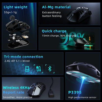 DAREU Al-mg Tri-mode 8Khz PBT bezdrôtová herná myš s rýchlym nabíjaním PAW3950 30000 DPI, ľahká, pre PC hráčov