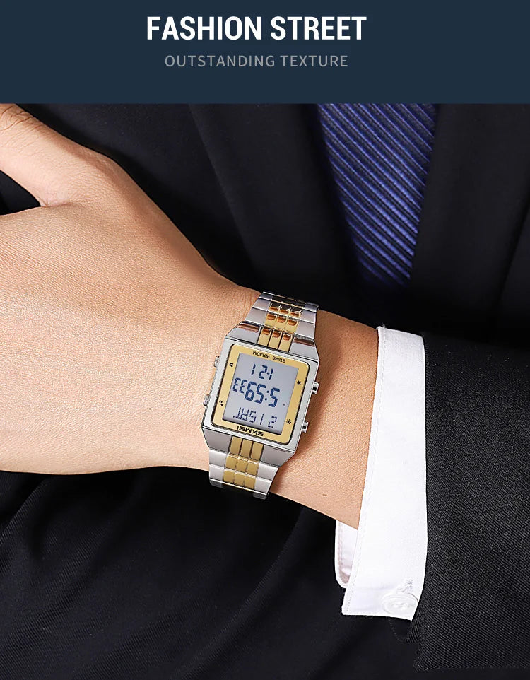 Skmei Luxury Digital Watches for Mens LED Waterproof Date Week Display Chronograph Fashion Dual Time Zones Bracelet Steel Watch