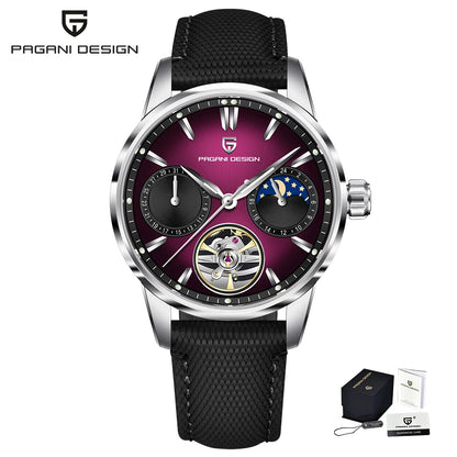 PAGANI DESIGN – Montre mécanique de luxe pour homme, 41 mm, verre saphir, bracelet en cuir, étanche, style pilote, avec tourbillon et phase de lune