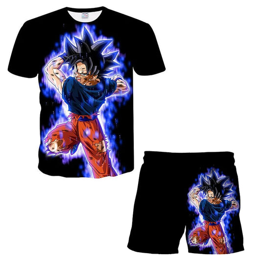 Conjunto infantil de verão Dragon Ball Z de desenho animado japonês, T-shirt e calções para rapaz, T-shirt + calções de praia