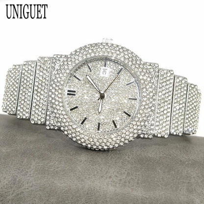 2025 UNIGUET Men's Fashion Iced Watches Luxury Hip Hop Full Diamond Jewelry Quartz Waterproof Business Wrist Watch for Men New