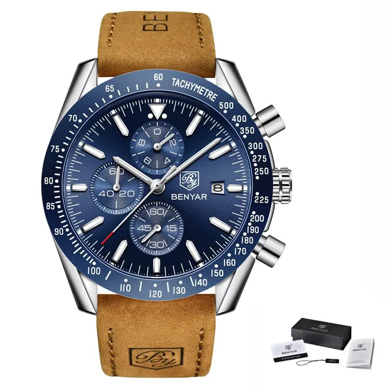 Relógios de luxo para homem BENYAR – Relógios de pulso de quartzo com bracelete em pele, resistentes à água até 30 m, estilo desportivo.